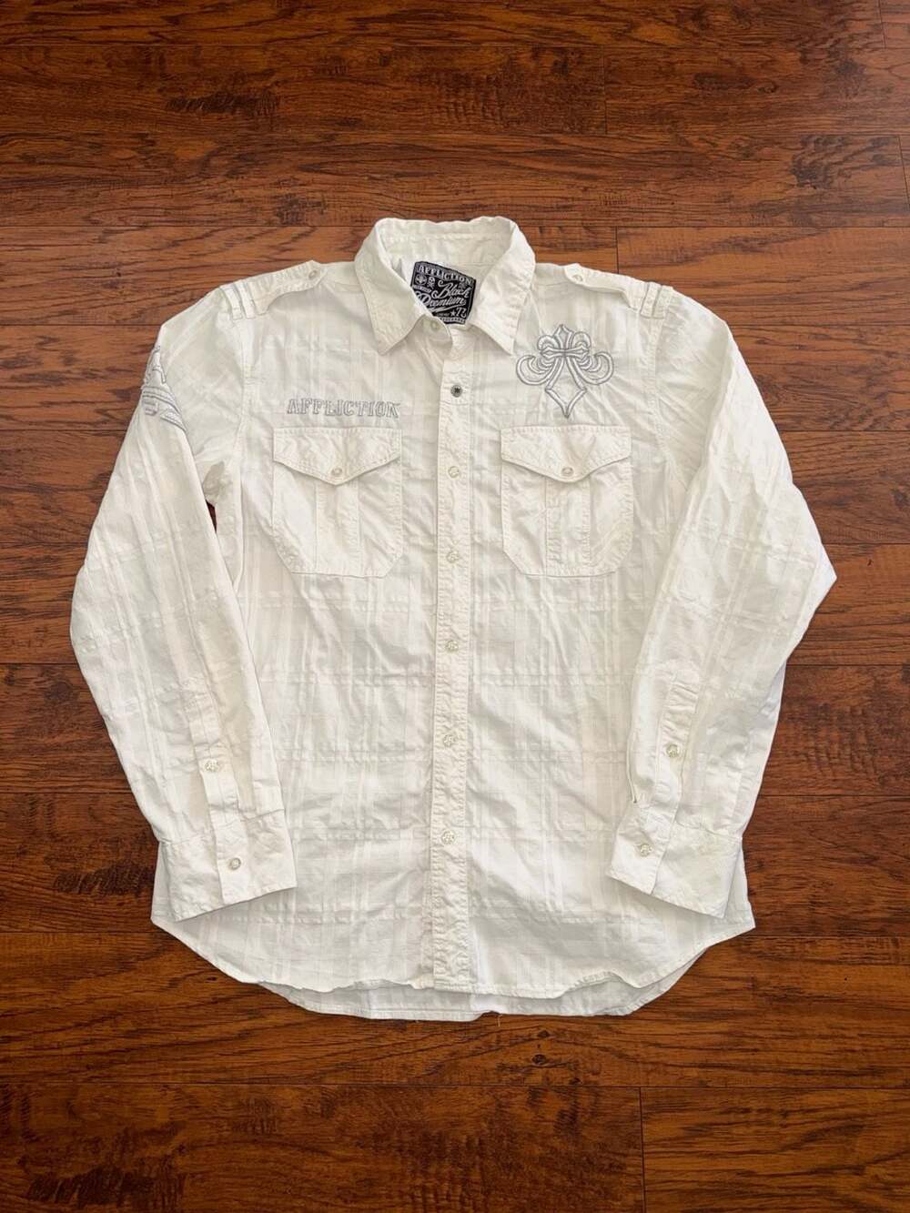 Y2K vintage Affliction Lost Souls Button Down Shirt White Embroidered Long Sleev